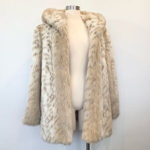 Vintage Snow Leopard Arctic Lynx Faux Fur Winter White Cream Hood Teddy Coat XL